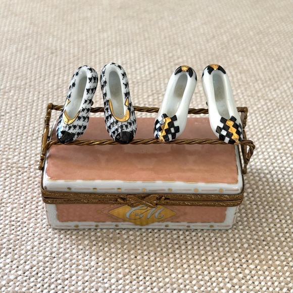 Limoges Vintage Porcelain Trinket Box Wire Rack For Shoes Hand Painted Signed
